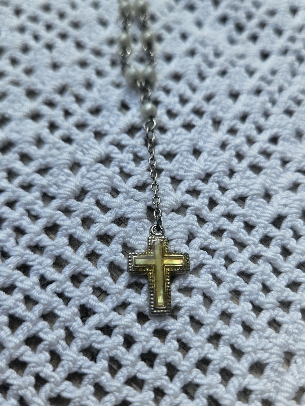 Silver-tone Rosary-style Necklace Small white beads w/ Cross